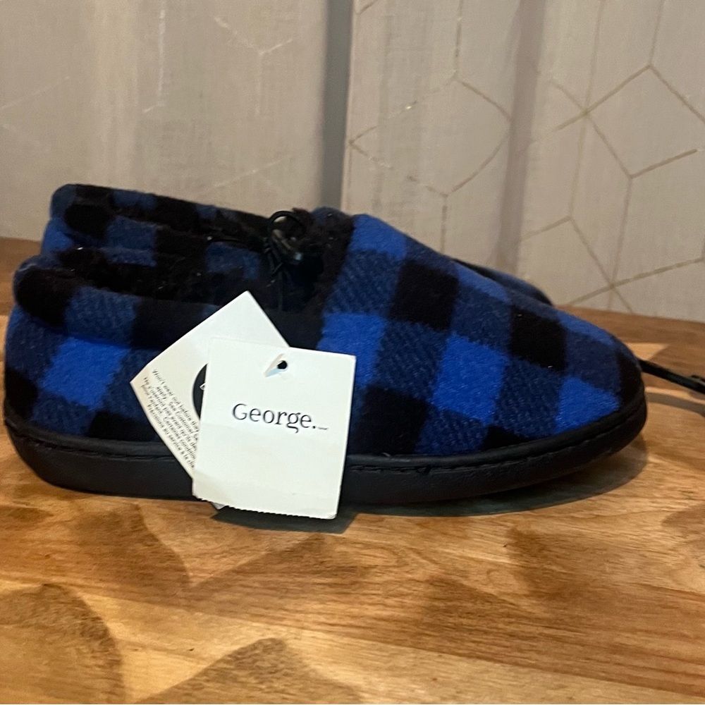 George Kids Plaid Slippers – Blue & Black | Size 11/12 | New with Tags